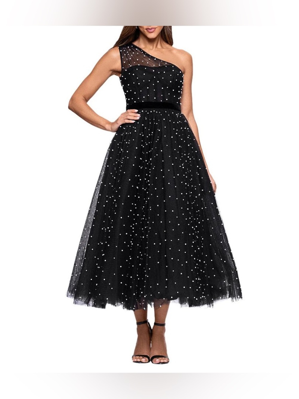 Betsy & Adam Faux Pearl One Shoulder Dress B2094